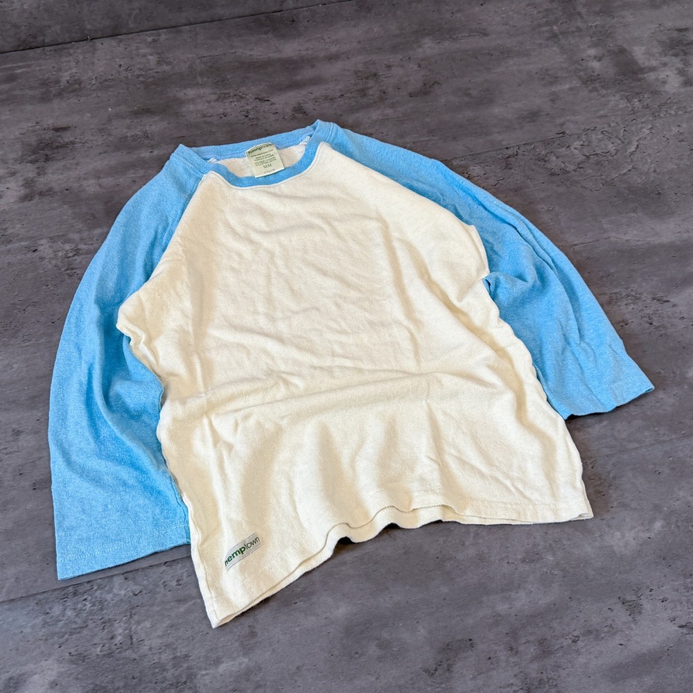 Vintage VTG Y2K 2000's 00's Hemp Cotton Baby Blue Cream Raglan T-Shirt